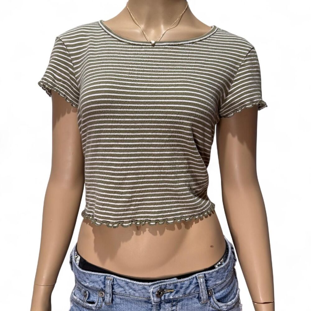American Eagle Striped Ribbed Baby Tee Womens XS Olive Green White Cropped Y2K